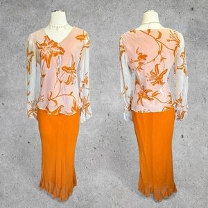 Rare Vintage Orange & White Floral Silk Blouse Top Maxi Skirt Set- size M (US 8)